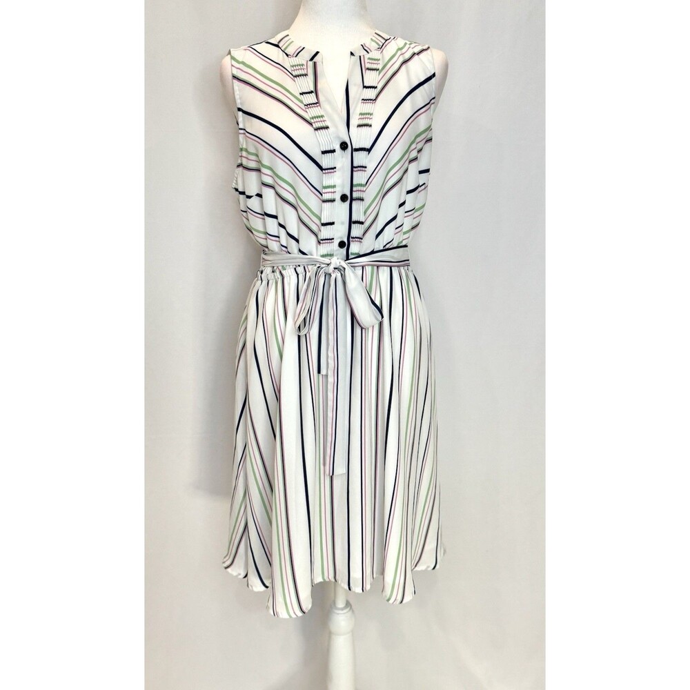 Apt. 9 Women's M White Multicolor Striped Sleeveless Midi Dress Tie Waist Lined